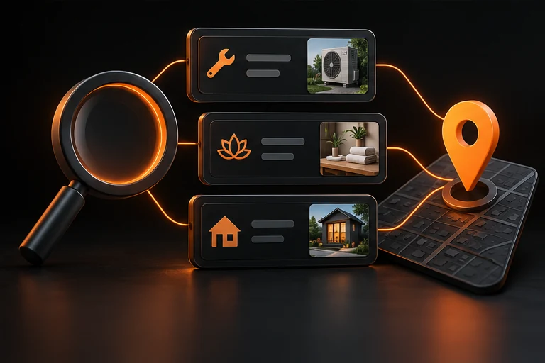 Illustration connecting service topics, search and location.