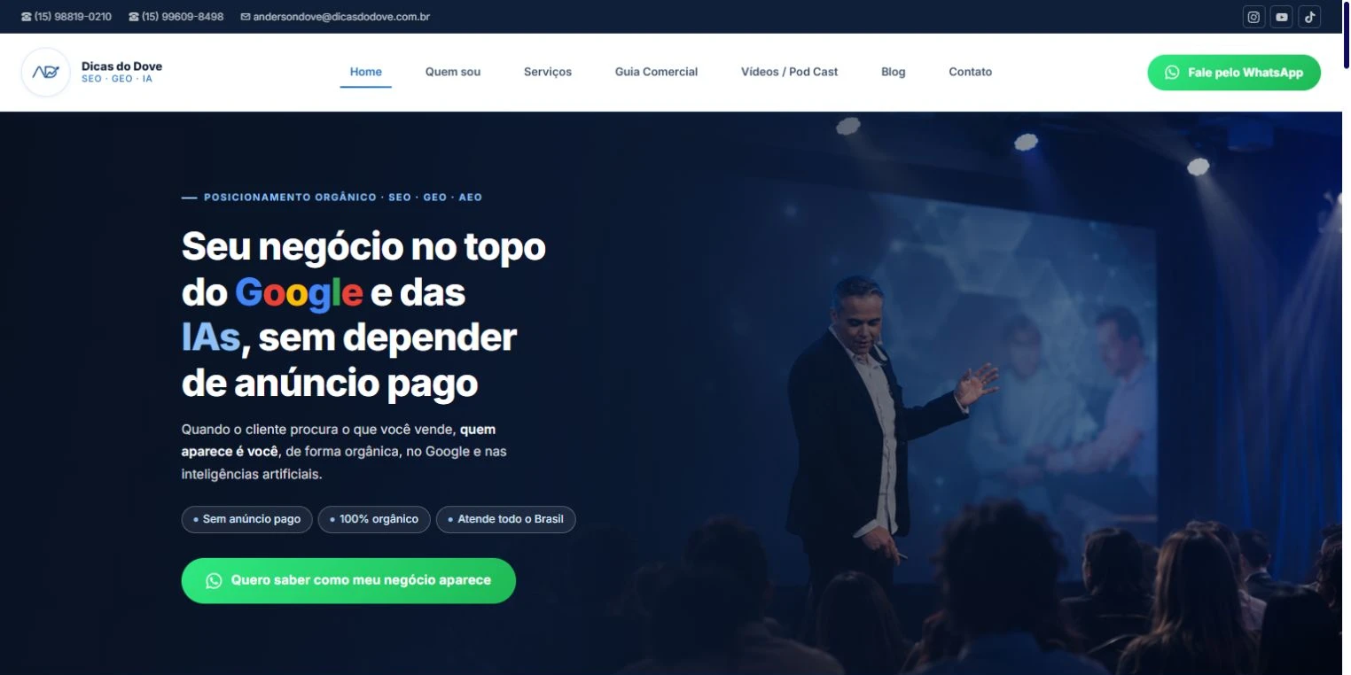 Página do Dicas do Dove com apresentação dos serviços de SEO, GEO e AEO, fundo azul-marinho e botão de contato verde