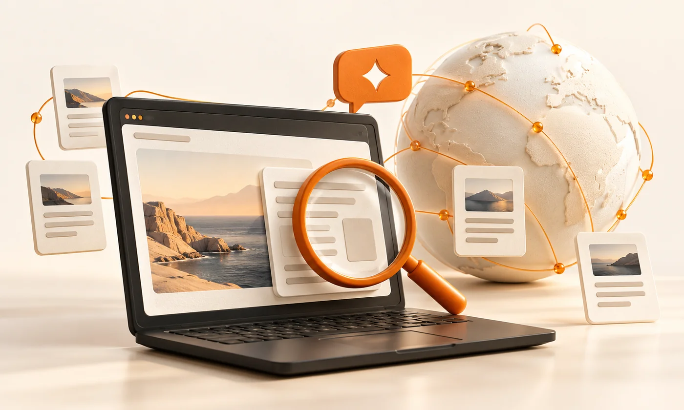 Renderização 3D de um site, lupa, conteúdos e globo conectados, representando descoberta orgânica e colaboração internacional.